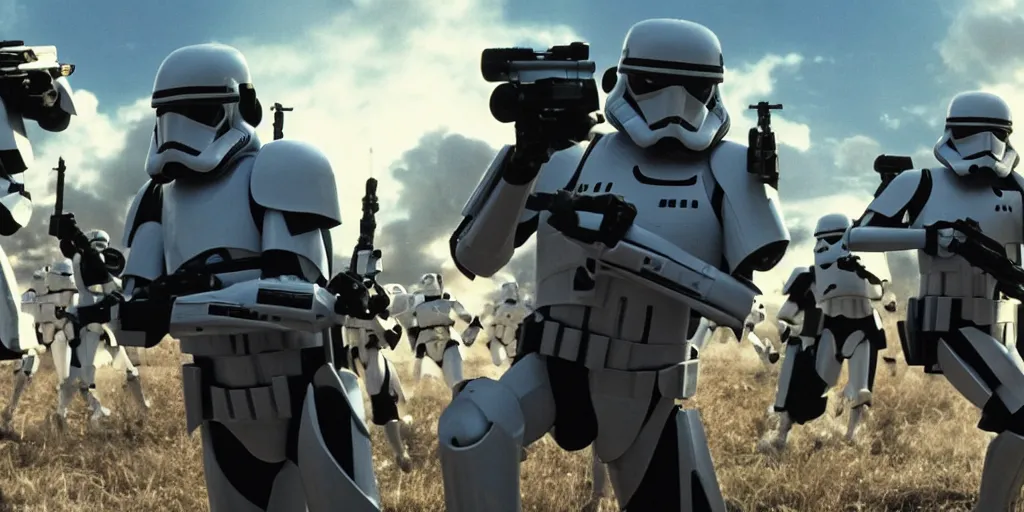 Image similar to Spock shooting into the star wars troopers. Wookie running away, from Stargate. Battle star Galactica robots in the background. high details, cinematic. ultra realistic