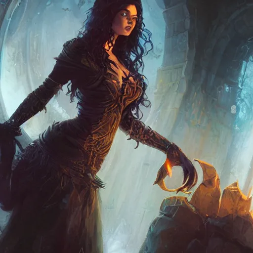 Image similar to a villainous, bewitching sorceress, auburn outfit, black hair, curvy crossfit build, fantasy portrait by greg rutkowski, gaston bussiere, larry elmore