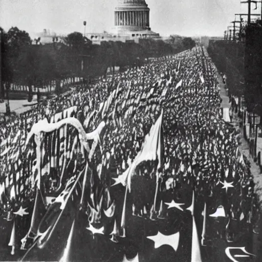 Image similar to Satanic States of America, alternate history, Satanic parade, 1940s, Pennsylvania Avenue, occult flags, goth crowds, 1940s fashion