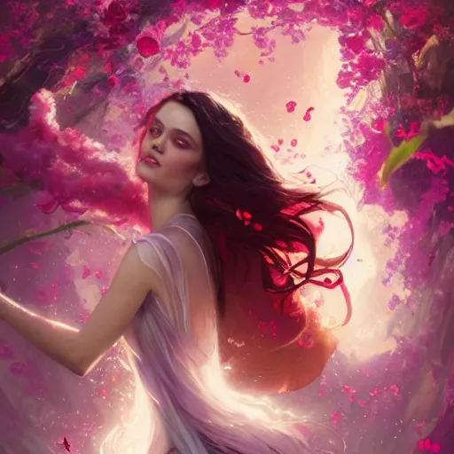 Prompt: scarlet witch in a swirling sundress of flowers, floral explosion, radiant light, vortex of plum petals, oil painting, Tooth Wu, Greg Rutkowski, RPG portrait, dynamic lighting, fantasy art, High contrast, depth of field