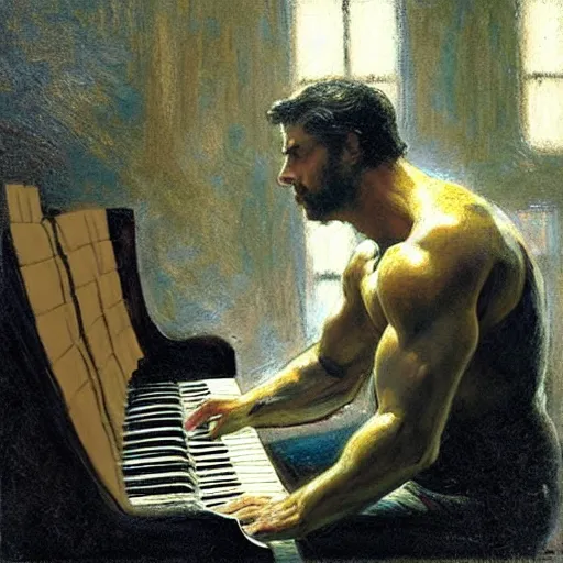 Image similar to a man playing piano, muscular, detailed face, correct face, painting by Gaston Bussiere, Craig Mullins