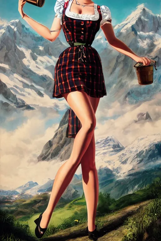 Prompt: 1 9 4 0 s german advertisement poster pinup girl in dirndl, the alps are in the background, unreal engine, global illumination, radiant light, detailed and intricate environment