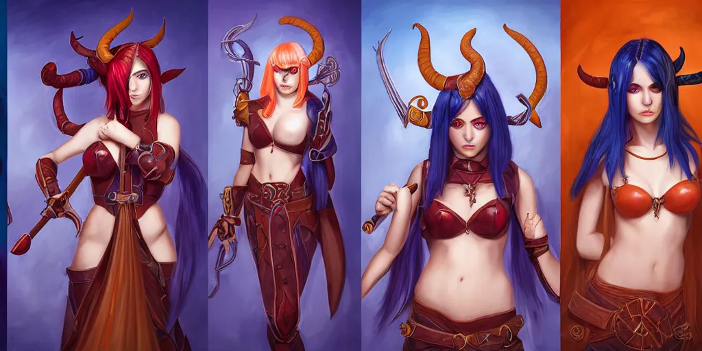 Prompt: triptych of youthful female feminine horned tiefling female bard with long bob cut blue hairstyle, her skin is orange and pale, she has immaculate skin and her eyes are pure black orbs and she is wearing colorful leather armor by rossdraws,