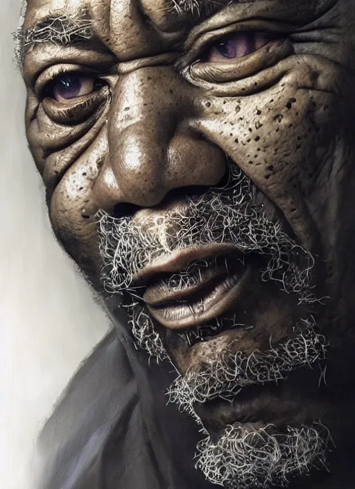 Prompt: morgan freeman as saurman, by alan lee, lord of the rings, smooth, oil painting, matte painting, concept art, trending on artstation, promotional artwork, film still, elegant, photorealistic facial features, intricate, detailed face, cinematic lighting