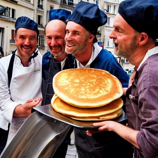 Image similar to closeup portrait of dutch chefs impressing the French people with superior pancakes in a street in Paris, by Steve McCurry and David Lazar, natural light, detailed face, CANON Eos C300, ƒ1.8, 35mm, 8K, medium-format print