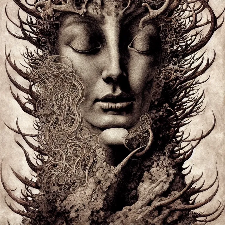 Image similar to A detailed horned many-faced goddess stands among the cosmos. Wearing a ripped mantle-robe in cosmic texture. Perfect faces, extremely high details, realistic, fantasy art, solo, masterpiece, art by Zdzisław Beksiński, Arthur Rackham, Dariusz Zawadzki