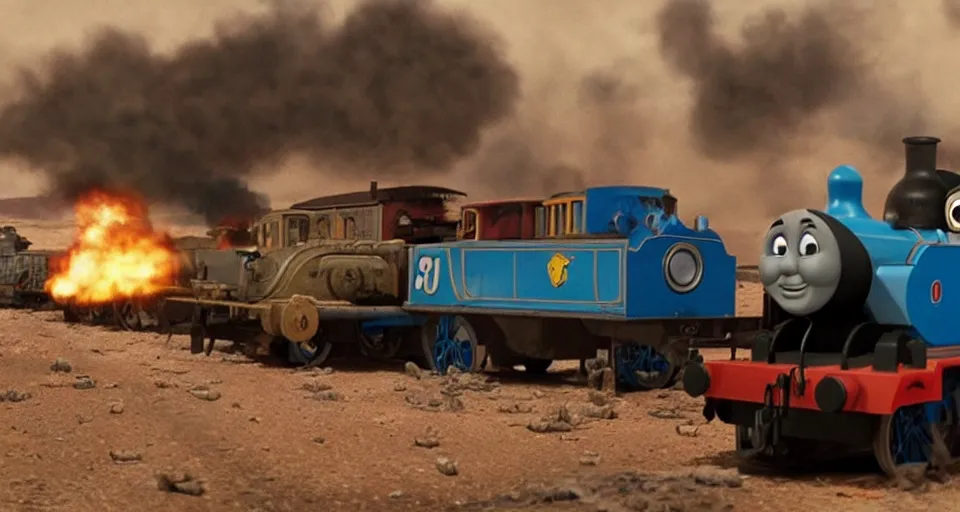 Prompt: still frame of Thomas the Tank Engine in MAD MAX: FURY ROAD (2015)