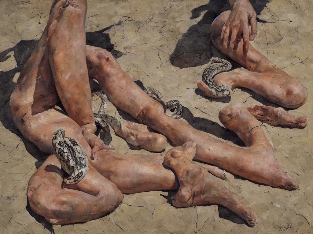 Prompt: snakes and legs, denis sarazhin, oil on canvas