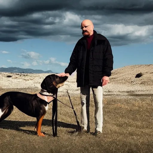 Image similar to Walter White and his trusty hound 4k photography award-winning footage, dramatic