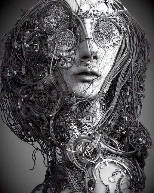 Image similar to black and white dreamy foggy smoky profile face portrait, one silver steampunk eye biomechanical beautiful young female cyclope - cyborg - robot bust, body ribs meshes,, volumetric light, hibiscus flowers, by hg giger, rim light, by dora maar and cecile beaton, big gothic fashion pearl embroidered collar, 8 k