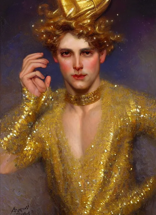 Prompt: portrait of a man dressed in a gold and silver costume, head shoot, art by alex heywood and gaston bussiere, albert lynch, fantasy art, reimagined by industrial light and magic, oil on canvas, hd