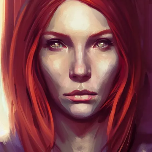 Image similar to Portrait of a woman by Greg Rutkowski, she is about 30 years old, redhead, long straight hair, beautiful oval face, wearing a futuristic spaceship captain uniform, strict but caring mom vibes, highly detailed portrait, digital painting, artstation, concept art, smooth, sharp foccus ilustration, Artstation HQ.