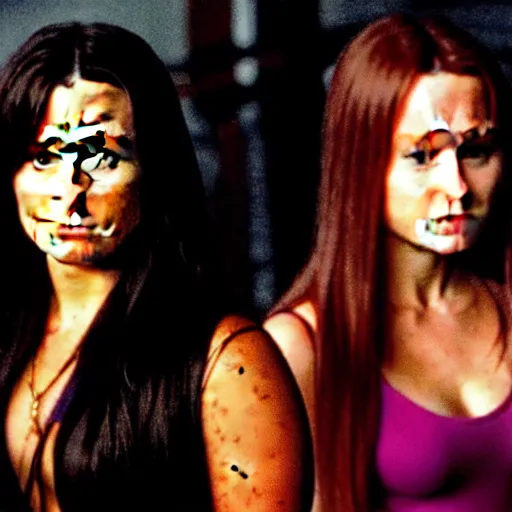 Image similar to close-up of Demi Lovato as Piper Halliwell and Selena Gomez as Phoebe Halliwell and Ariana Grande as Prue Halliwell in a Charmed movie directed by Christopher Nolan, movie still frame, promotional image, imax 35 mm footage