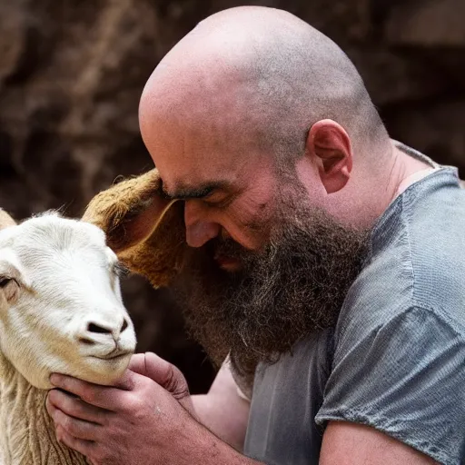 Image similar to cinematic still of depressed man with beard in ancient Canaanite clothing cradling a lamb, sad, anguished, somber, serious, directed by Terrence Malick