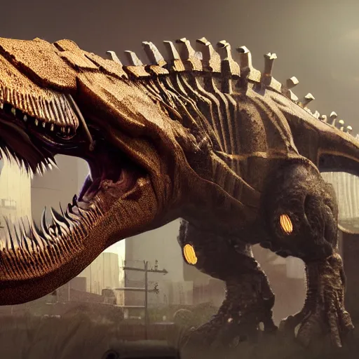 Image similar to cyborg tyrannosaurus rex hyper detailed, digital art, trending in artstation, cinematic lighting, studio quality, smooth render, unreal engine 5 rendered, octane rendered, art style by klimt and nixeu and ian sprigger and wlop and krenz cushart