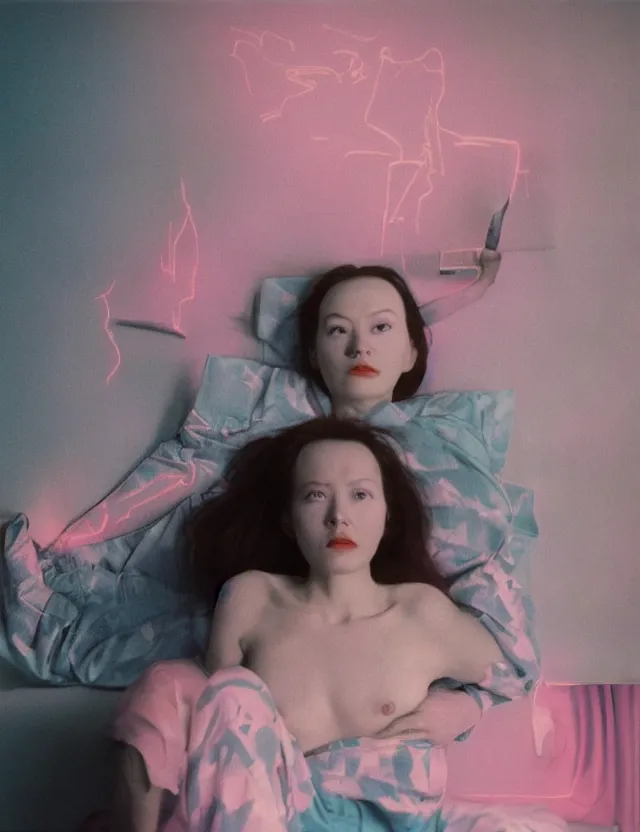 Prompt: woman in pajama playing computer games in dark room, redshift, wide shot, coloured polaroid photograph with flash, pastel, kodak film, hyper real, stunning moody cinematography, by maripol, fallen angels by wong kar - wai, style of suspiria and neon demon and bahnhof zoo, david hockney, detailed, oil on canvas