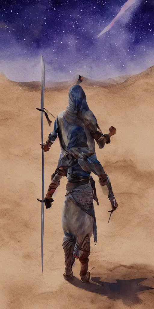 Image similar to an arab person with swords on his back standing in the desert with sky with stars in watercolor, cinematic, highly detailed wide, atmospheric lighting, muted colors