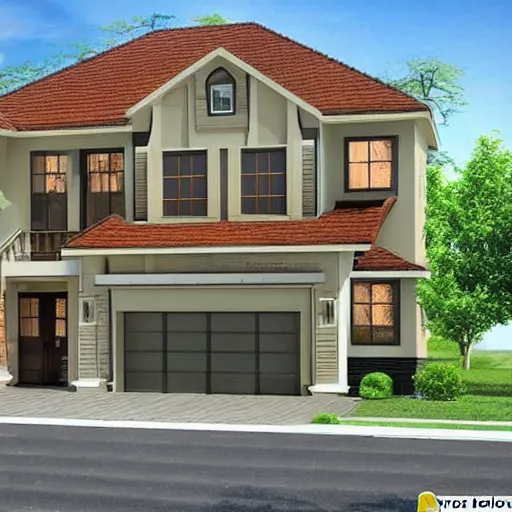 Prompt: a verry cool house that is one floor house with 4 bedrooms and 4 bathrooms and kitchen and a two door garage