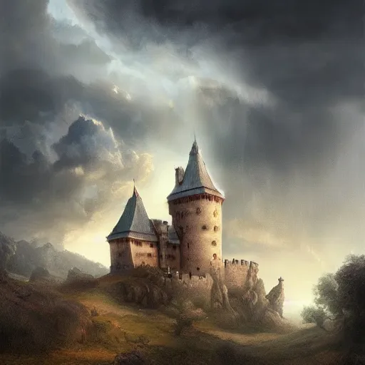 Image similar to a beautiful painting of a castle by Michal Karcz, featured on artstation, breathtaking clouds, thunderstorm, lighting study