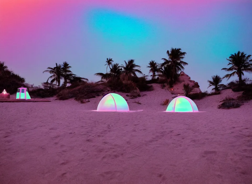 Image similar to a vintage family holiday photo of an empty beach from an alien dreamstate world with chalky pink iridescent!! sand, reflective lavender ocean water, dim bioluminescent plant life and an igloo shaped plastic transparent bell tent surrounded by holiday clutter opposite a pit with an iridescent blue flame flickering. refraction, volumetric, light.