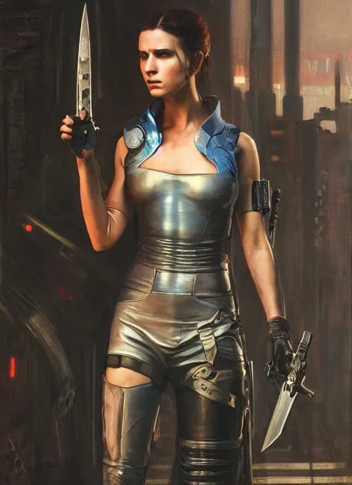 Image similar to Cyberpunk swordswoman in futuristic clothes (blade runner 2049, cyberpunk 2077). Orientalist portrait by john william waterhouse and James Gurney and Theodore Ralli and Nasreddine Dinet, oil on canvas. Cinematic, hyper realism, realistic proportions, dramatic lighting, high detail 4k