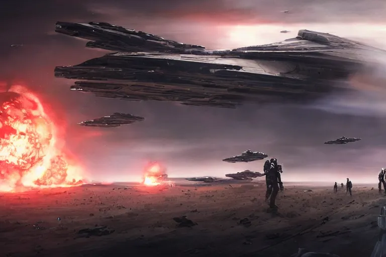 Image similar to ultra realistic, cinematic, detailed, deep focus, movie still, dramatic lighting, ray tracing, artgerm and greg rutkowski concept art for scene : the death star is rocked by explosions as the rebel fleet zooms over, unloading a heavy barrage. luke struggles to carry the enormous weight of his father's dying body toward an imperial shuttle.