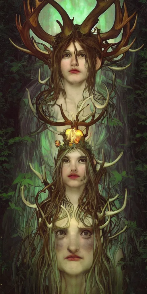 Prompt: intense bioluminescent glowing pagan god with antlers and tusks and pure black eyes in very dark forest by mark ryden and alphonse mucha, portrait, fantasy, clear, light beams, lens flare, intense, uhd, amazing depth, cinematic lighting