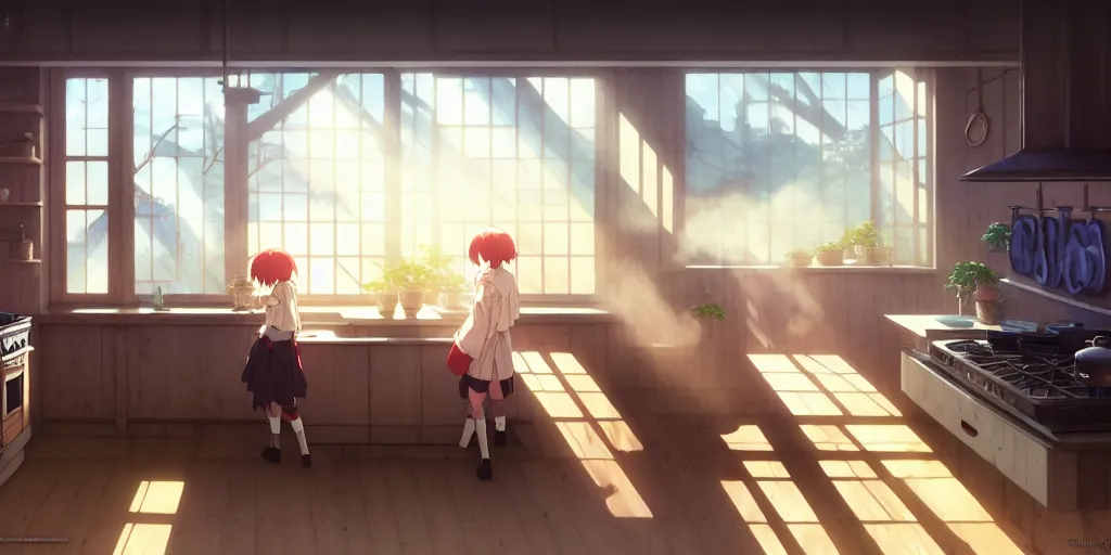 Image similar to interior background art, bright window lit kitchen, morning, steaming food on the stove, wooden floors, houseplants, cottage decor, gapmoe yandere grimdark, trending on pixiv fanbox, painted by greg rutkowski makoto shinkai takashi takeuchi studio ghibli, akihiko yoshida