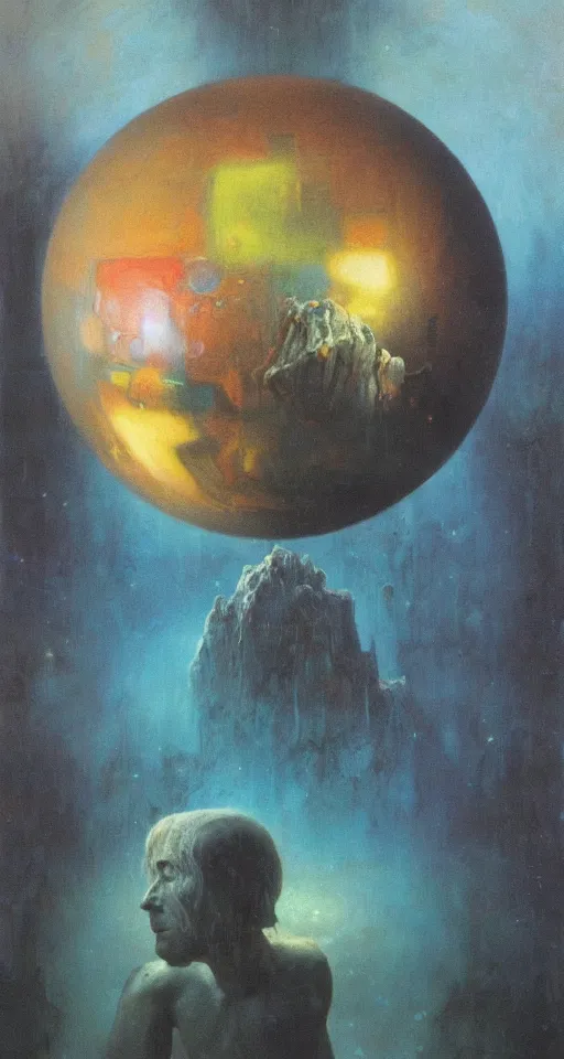 Image similar to a gigantic glowing crystal tesseract orb, high detailed beksinski painting, part by adrian ghenie and gerhard richter. masterpiece, deep colours, blue