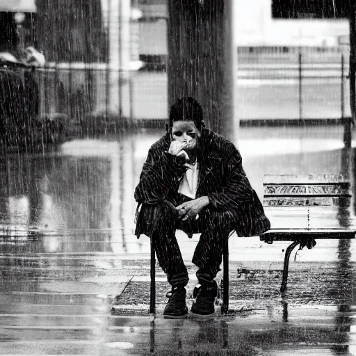 Image similar to black and white fashion photograph, highly detailed portrait of a depressed drug dealer sitting on the bench on a busy street, looking into camera, natural light, rain, mist, lomo, fashion photography, film grain, soft vignette, sigma 85mm f/1.4 1/10 sec shutter