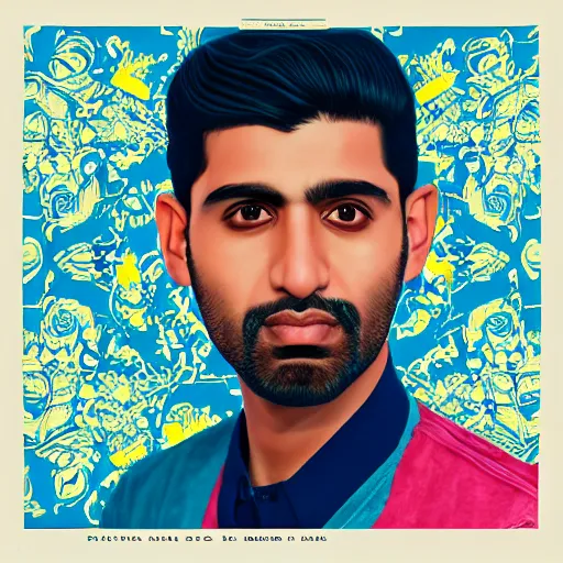 Image similar to portrait of a pakistani - american man, an ultrafine detailed illustration by james jean, intricate linework, bright colors, final fantasy, behance contest winner, vanitas, angular, altermodern, unreal engine 5 highly rendered, global illumination, radiant light, detailed and intricate environment