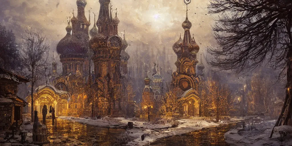 Prompt: beautiful magical ancient Slavic city of Kitezh, magic lights, magic mist, strange buildings, oil painting, painting by Viktor Vasnetsov, concept art, fantasy cityscape, ancient Russian architecture, painting by Ivan Shishkin, hyperborea, high resolution, trending on artstation,