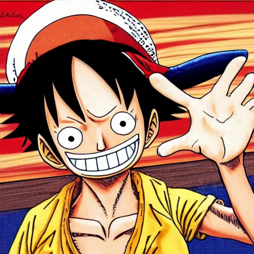 Prompt: a portrait of Luffy from one piece by eiichiro oda. He is wearing a beanie, and has a serious look on his face, hyper-detailed masterpiece