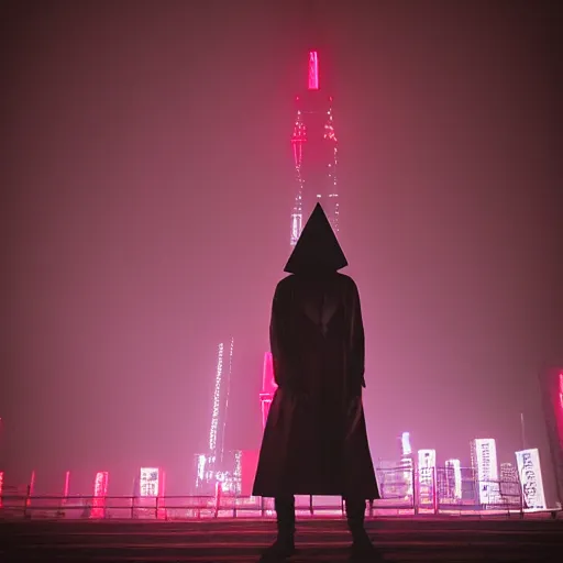 Prompt: pyramid head in a misty new York city lit by neon lights