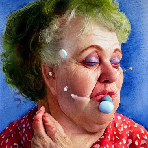 Image similar to a very funny realistic style watercolor painting of a sweet fat old woman kissing her reflection. symmetrical face, red mouth, blue eyes. a flowered dress. a hyper - realistic scene. 3 d, octane processing, deep focus, white scene. a very funny and sweet picture. unreal engine. watercolor. fellini cinematic style. poster quality. freud painting style