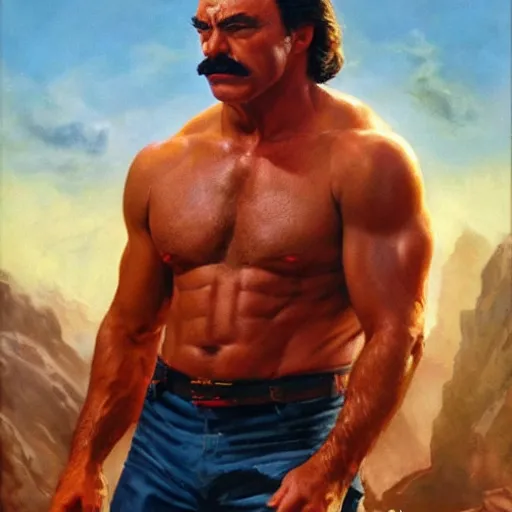 Image similar to ultra realistic portrait painting of tom selleck as the rock, art by frank frazetta, 4 k, ultra realistic, highly detailed, epic lighting