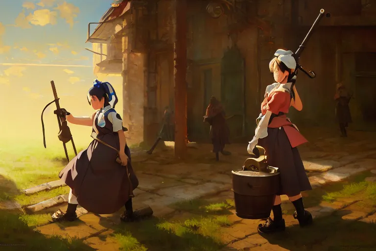 Image similar to baroque oil painting of anime key visual concept art of anime maid operating mortar 1 9 4 0 trenches colorized, trending on artstation, palette knife and brush strokes, oil on canvas, makoto shinkai greg rutkowski studio ghibli