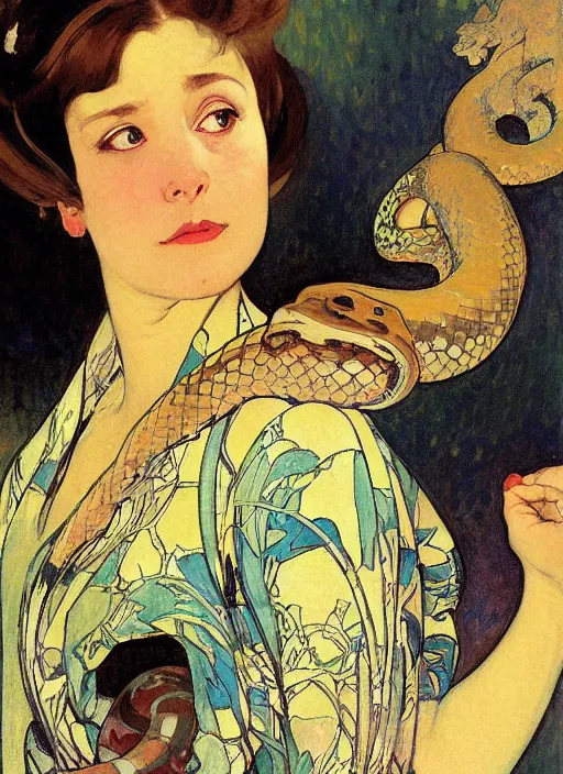 Image similar to an art nouveau copic maker portrait of a sad woman with big eyes wearing a snake kimono by john berkey by edward hopper, alphonse mucha, loish, norman rockwell