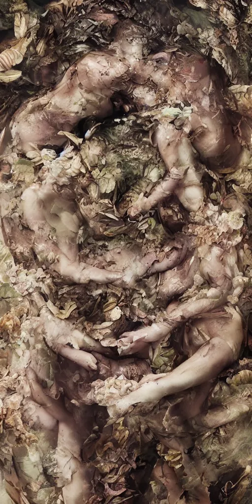 Image similar to closeup of beautiful human bodies intertwined, bodies blooming, 3 d fractals, mandelbulb, dripping wet, skin, macro photography, anamorphic bokeh, long exposure, highly detailed, hyperrealism, cinematic