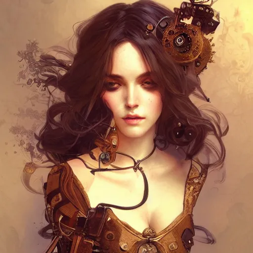 Image similar to photograpic portrait of a pretty woman, steampunk, fantasy, intricate, elegant, highly detailed, digital painting, artstation, concept art, smooth, sharp focus, illustration, art by artgerm and greg rutkowski and alphonse mucha