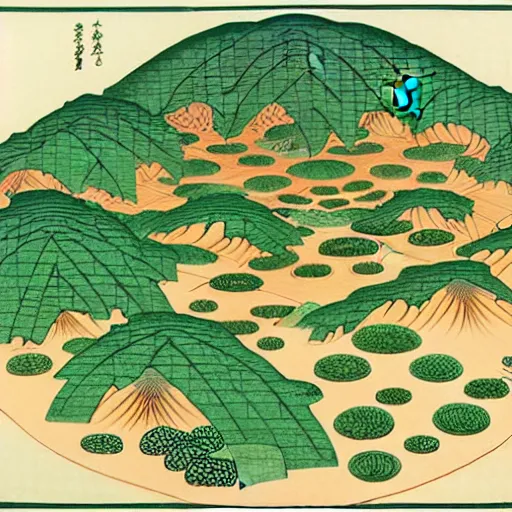 Prompt: 3d isometric botanical illustration of a human settlement in the circular forest besides the mountain, diego rivera in Ukiyo-e style, HD