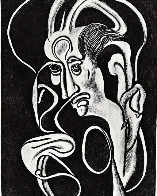 Image similar to portrait of a demon. Line drawing by Jean Cocteau. Pen and ink by Dali.