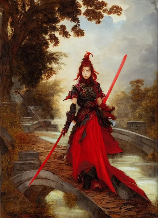 Image similar to woman in dark and red princess dragon armor, she is holding a katana sword, walking on an ancient flooded bridge. by william henry hunt