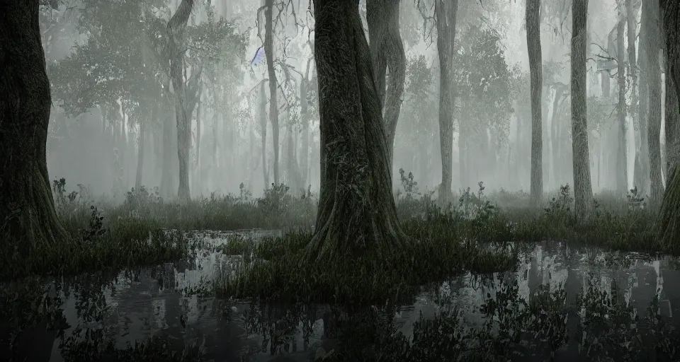 Image similar to A dense and dark enchanted forest with a swamp, with Octane