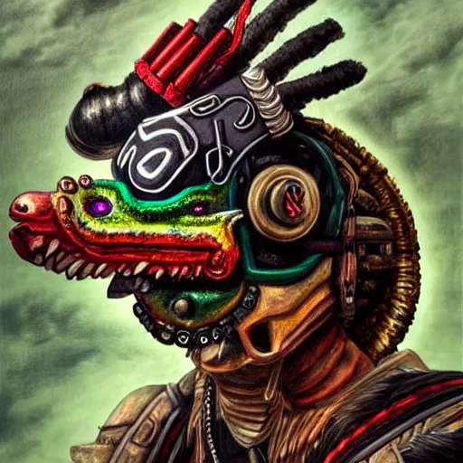 Image similar to a expressive portrait of masked diesel punk quetzalcoatl on the art of mayan ancient culture artstation award - winning realistic sci - f