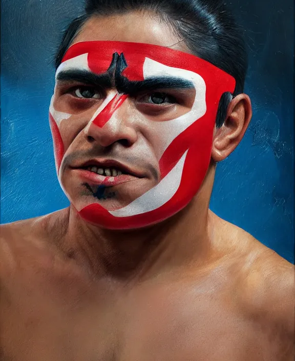 Image similar to heroic portrait of a young mexican wrestler. art by denys tsiperko and bogdan rezunenko, hyperrealism