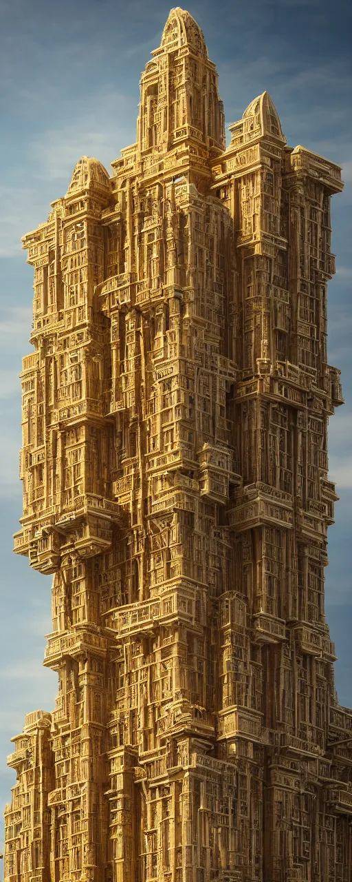 Image similar to photorealistic photo a contemporary babylon tower, golden intricate details, stone facade, sacred ancient architecture, cascading highrise, arid mountains with lush palm forest, sunlight, post - production, octane, cgi, sfx