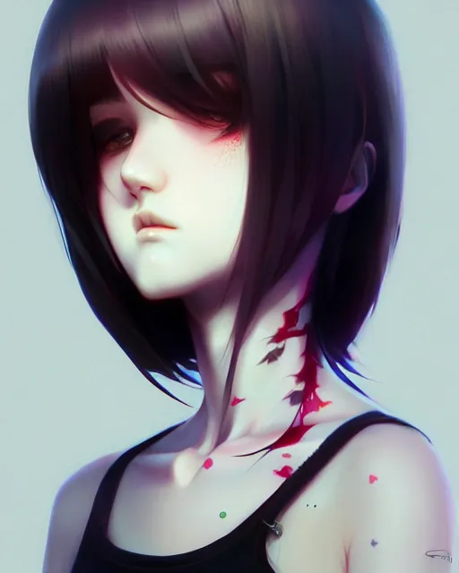 Image similar to full very close up neck shot of a beautiful loner girl, in tshirt with her hair covering eyes, demented, irish, by saruei and guweiz and ilya kuvshinov and range murata, digital art, highly detailed, intricate, sharp focus, trending on artstation hq, deviantart, pinterest, unreal engine 5, 4 k uhd image