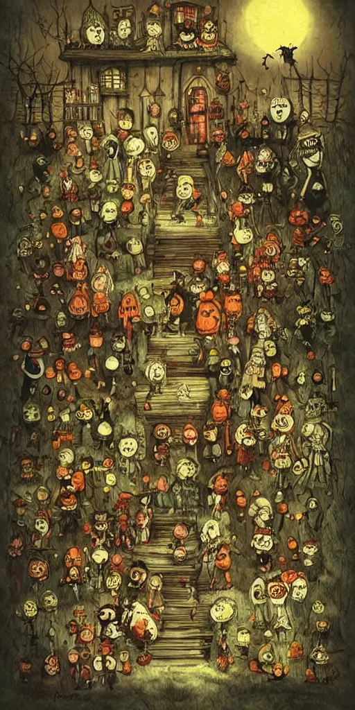 Image similar to a vintage halloween scene by alexander jansson and where's waldo