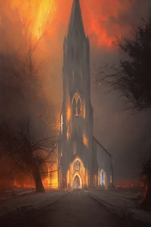 Image similar to a beautiful hyperrealistic painting of a church on fire by Alena Aenami, Anton Semenov, Alejandro Burdisio, trending on artstation, gigantic, octane render, brilliantly coloured, intricate, ultra wide angle, trending on artstation, dusk, volumetric lighting, polished, micro details, ray tracing, 8k